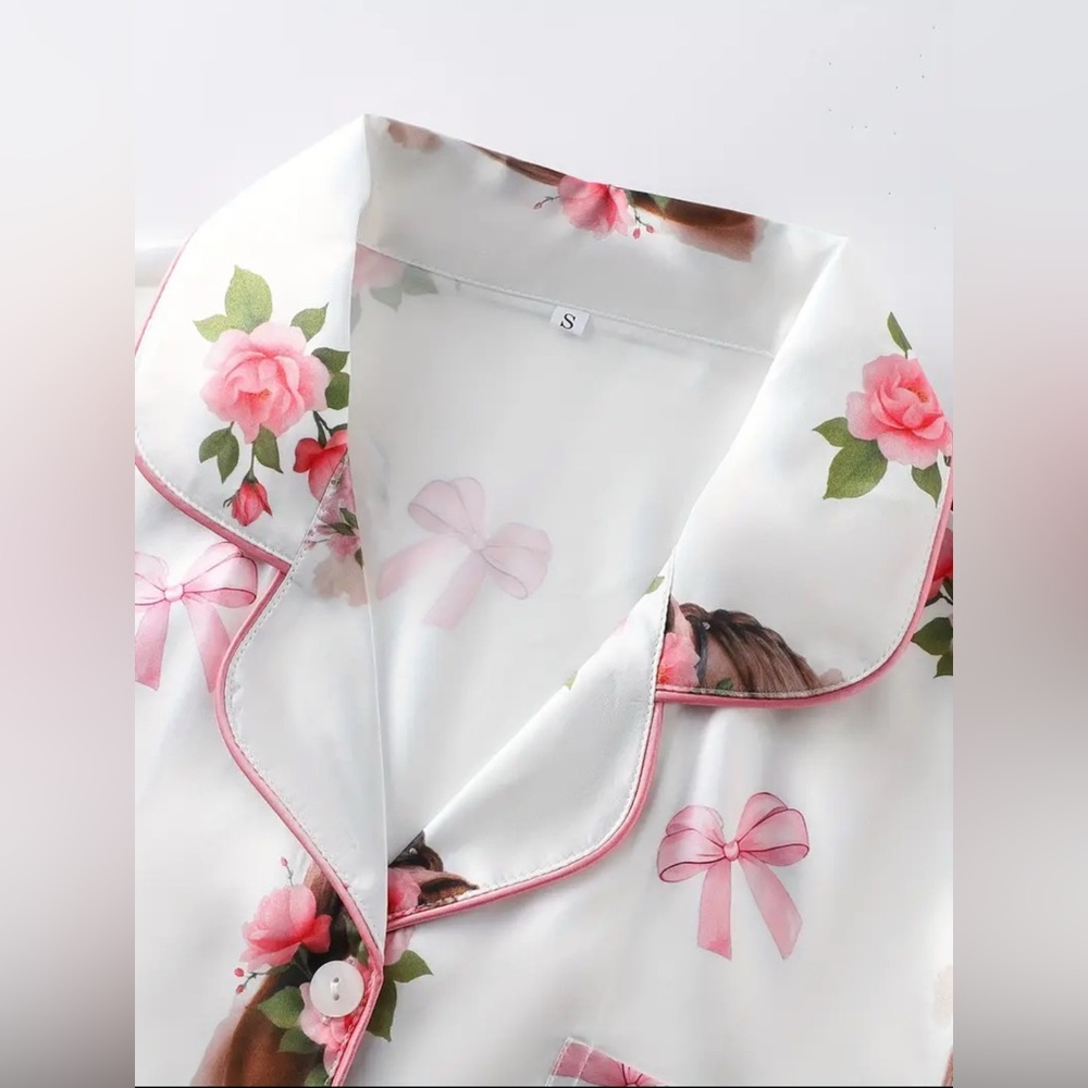 Horse Floral Print Pajama Set Equestrian Style XL White Pink Satin